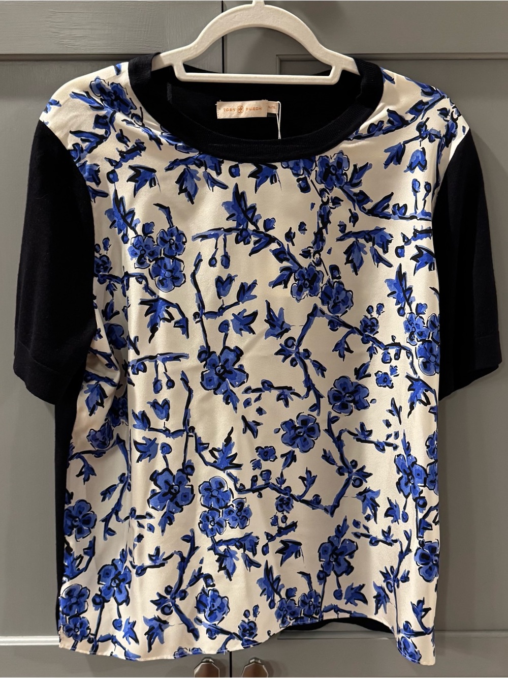 Tory Burch Silk Front T-Shirt Navy Blue Floral Size XL NWT
